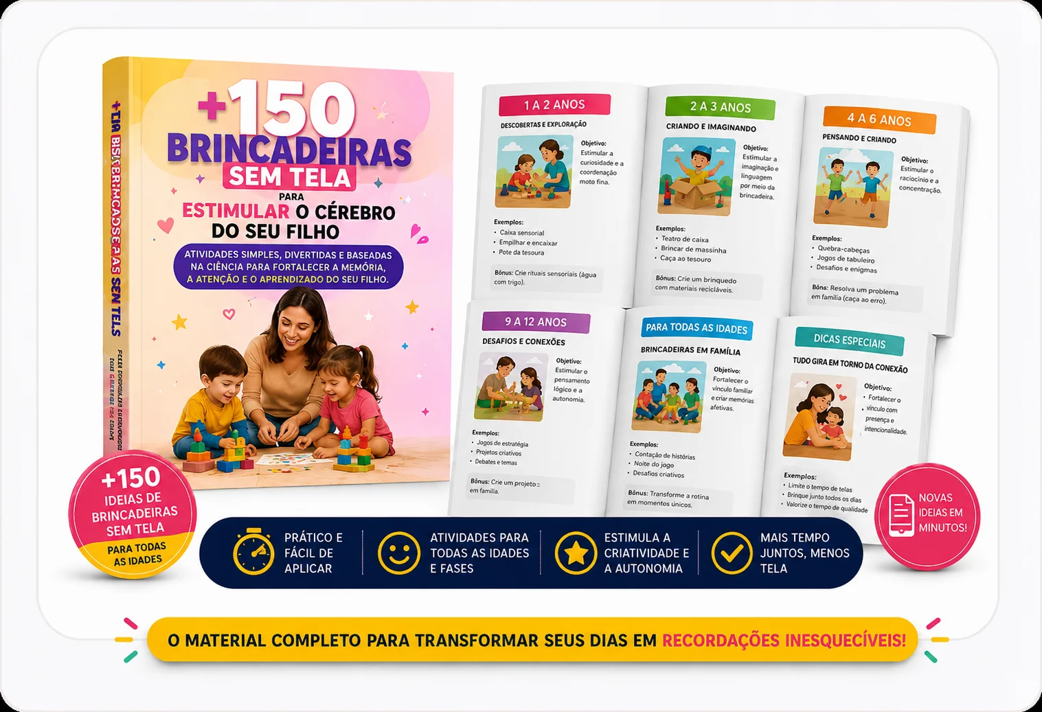 Mockup completo do material +150 Brincadeiras Sem Tela para Estimular o Cérebro do Seu Filho