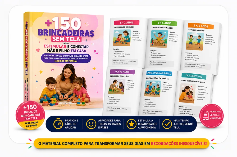 Mockup completo do material +150 Brincadeiras Sem Tela